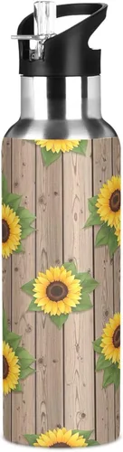 Miniatura 8 de Sunflowers Rustic Wooden Insulated Water Bottle 20 Oz Leakproof Water Bottles, BPA-Free Sports Water Bottle with Straw