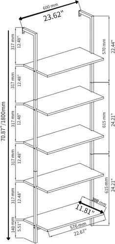 Miniatura 3 de Karl home Estantería de Escalera de 5 Niveles Montada en la Pared Librero con Marco de Metal, Estantes de Diseño Abierto para Sala de Estar, Nogal