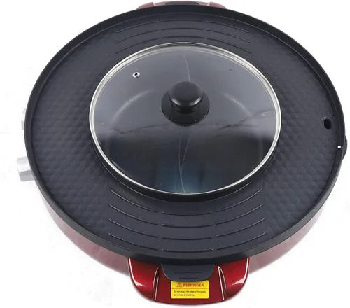 Miniatura 6 de 2 en 1 olla eléctrica portátil 110 V 2200 W barbacoa parrilla placa hogar cocina cocina sartén sartén roja (19.7 x 19.7 pulgadas)