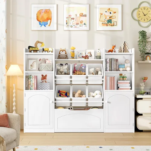 Miniatura 5 de FINETONES Organizador de almacenamiento de juguetes de 55 pulgadas con 6 contenedores de juguetes, estantería grande 5 en 1 para niños con cofres