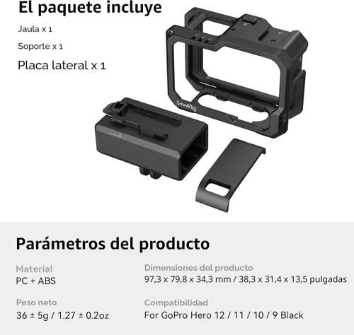 Miniatura 8 de SmallRig Hero 13 / Hero12 / Hero11 / Hero 10 / Hero 9 jaula negra para GoPro, con 2 soportes de zapata fría para GoPro Light Mod y micrófono común