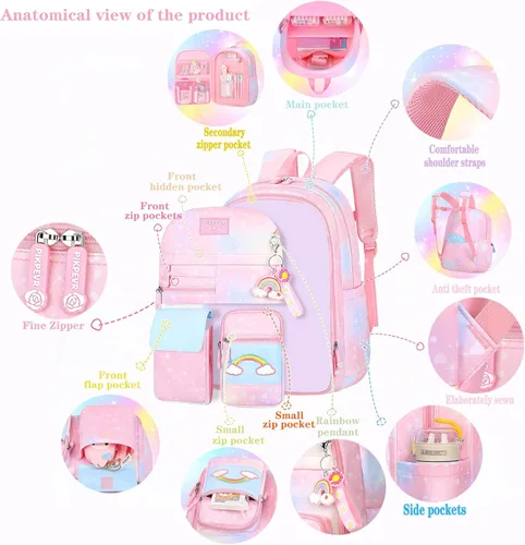 Miniatura 8 de Jcobvig Mochila de arcoíris para niñas y niños, linda mochila escolar para estudiantes con bolsa para bolígrafos, bolsa de viaje para portátil