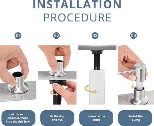 Miniatura 4 de SBEN Juego de dispensador de jabón de cocina empotrado (botella recargable grande de 17 oz incluida) - Dispensador de jabón de acero inoxidable