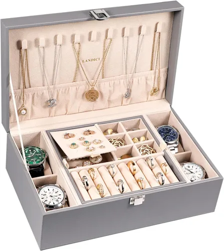 LANDICI Joyero organizador para mujeres y niñas, estuche grande de 2 capas para hombres con bandeja extraíble, soporte de almacenamiento de joyas de