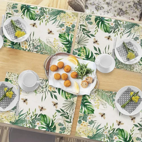 Miniatura 6 de Seliem Juego de 4 manteles individuales florales con plantas tropicales, primavera y verano, hojas de palma, flor de Monstera, abeja, manteles