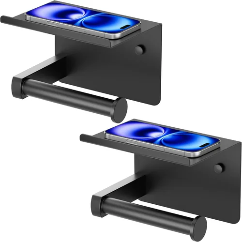 Miniatura 10 de Portarrollos de papel higiénico con estante, montaje en pared adhesivo o con tornillos, portarrollos de papel higiénico para baño, dispensador