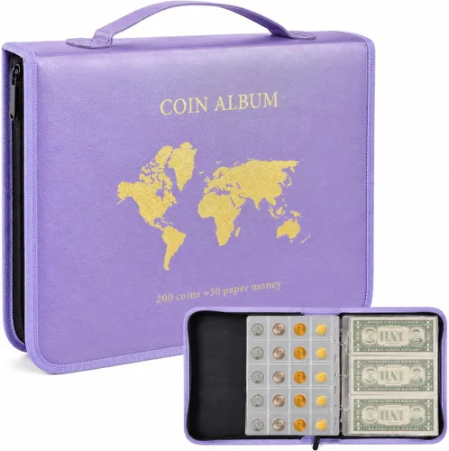 Miniatura 9 de ANKHOH Soporte para libros de colección de monedas con cremallera para coleccionistas, 200 bolsillos para monedas y 30 fundas para billetes, de piel