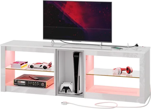 Miniatura 8 de Bestier Soporte de TV para TV de 70 pulgadas, centro de entretenimiento para juegos para PS5, gabinete de TV LED con estantes de vidrio para sala