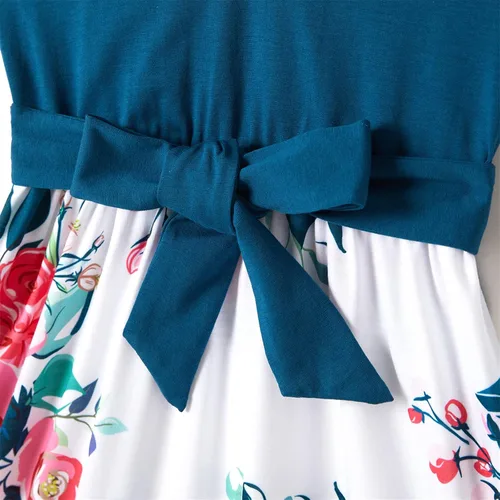 Miniatura 4 de PATPAT Conjunto de vestidos familiares a juego para madre e hija con estampado floral y puños con volantes y camisetas de manga corta