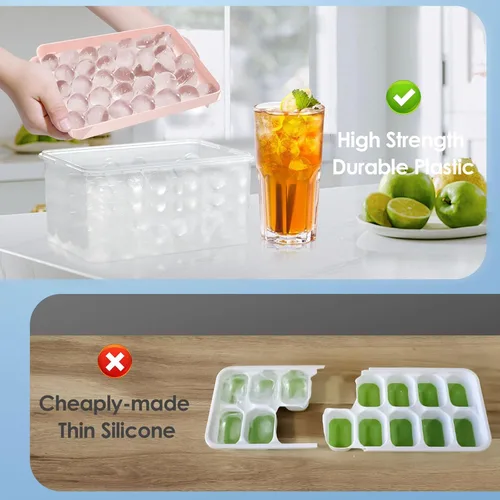 Miniatura 7 de WIBIMEN Bandeja para cubitos de hielo con tapa y contenedor, bandejas de hielo redondas para congelador con tapa, bandejas para cubitos de hielo Rosa