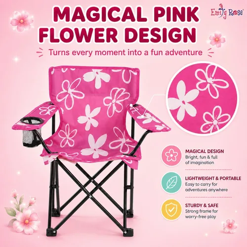 Miniatura 3 de Emily Rose Silla de campamento de playa plegable rosa para niños con portavasos, bloqueo de seguridad y funda de transporte, silla para niñas de 2 a