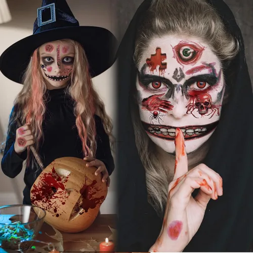 Miniatura 3 de Maquillaje de broma de Halloween, tatuaje temporal, 26 piezas de tatuajes temporales de Halloween para adultos, tatuajes de boca de Halloween