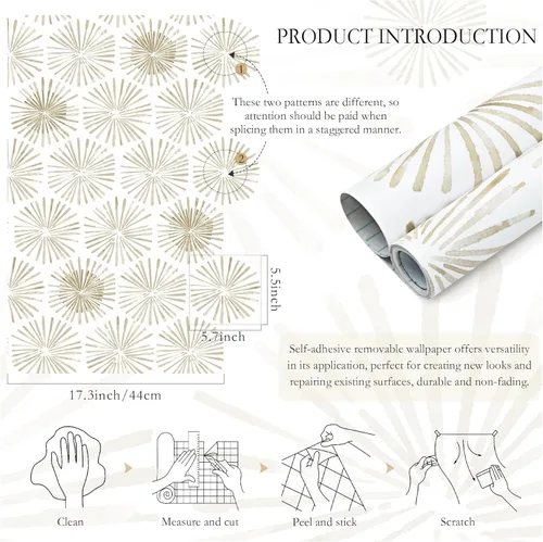 Miniatura 3 de Papel tapiz moderno autoadhesivo bohemio para despegar y pegar, papel de contacto geométrico blanco y beige, papel de pared extraíble de 17.3 x 78.8
