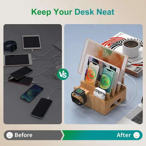 Miniatura 6 de Estación de carga para teléfono celular Pezin & Hulin, organizador de muelle de bambú para múltiples dispositivos, tabletas, reloj inteligente