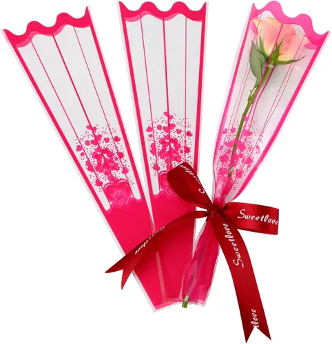 Miniatura 2 de Bolsas de envoltura de 100 unidades, diseño de flores transparentes con manga para ramo de flores, 100 unidades, S-Rose