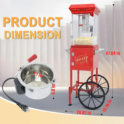Miniatura 2 de Máquina de palomitas de maíz de estilo vintage de 8 onzas – Máquina de aperitivos con hervidor de acero inoxidable, carrito retro vintage y ruedas