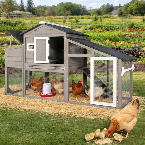 Miniatura 11 de PetsCosset Chicken Coop Backyard Chicken House - Tractor de madera para aves de corral para exteriores, con caja nido de pollo, ruedas, techo