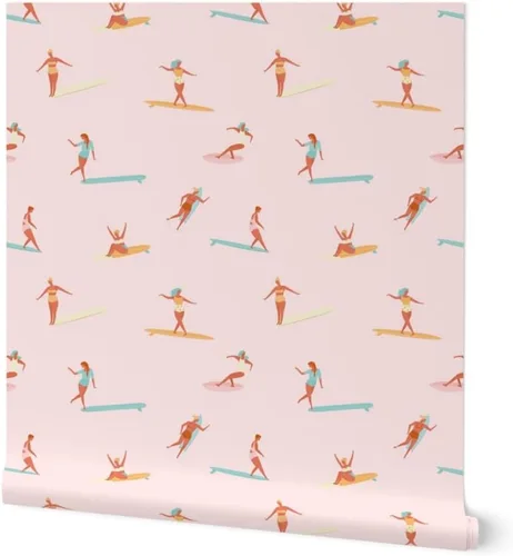 Despegar y pegar papel tapiz Swatch - Chicas Surfers Rosa Surfing Girl Sport Hawaii Retro Ocean Nautical Beach Papel pintado personalizado extraíble