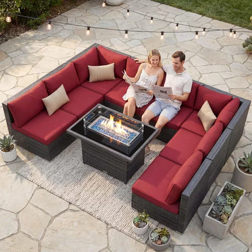 Miniatura 88 de NICESOUL Juego de muebles de patio para exteriores de 7 piezas con mesa para hoguera, gas natural y propano convertible, respaldo alto de 29.3