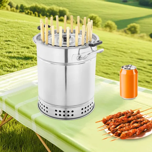 Miniatura 8 de Parrilla de carbón portátil para barbacoa, parrilla envolvente de acero inoxidable, parrilla de barril de carbón, capacidad de 20 brochetas