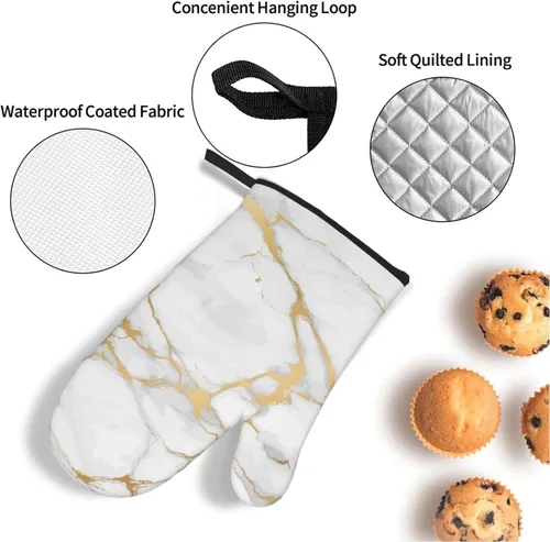 Miniatura 4 de Manoplas de horno y soportes para ollas, arte de mármol blanco y dorado, juego de 4 guantes de cocina resistentes al calor, antideslizantes