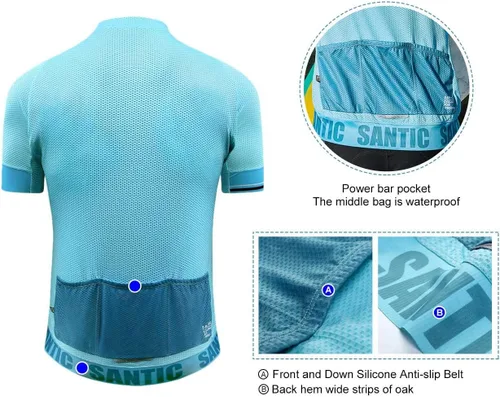 Miniatura 34 de Santic Camiseta de ciclismo para hombre, manga corta, camiseta de ciclismo de carretera, cremallera completa, UPF 50+, MTB con bolsillos