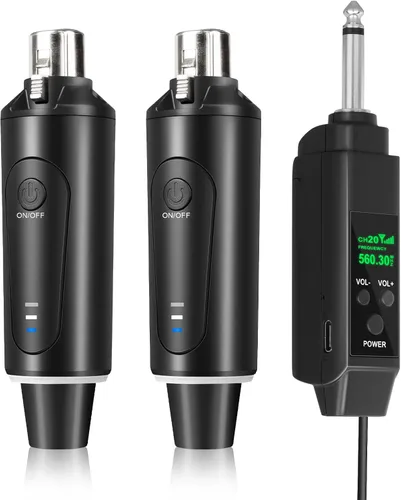 Miniatura 7 de Depusheng Sistema de micrófono inalámbrico de 2.4 GHz Transmisor y receptor con ajuste de volumen, baja latencia, recargable, rango de 150 pies