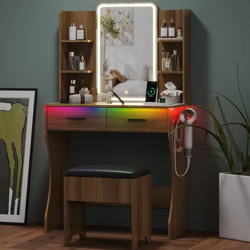 Miniatura 10 de Mesa de Tocador Pequeña con Espejo y Luces, Tocador de Maquillaje con Espejo Iluminado por LED, Tocador con Luces y Silla, Mesa de Vestir Ajustable