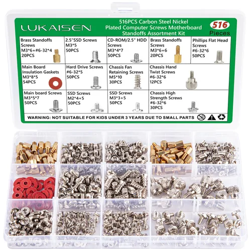 Miniatura 10 de Kit de surtido de 350 tornillos para computadora, separadores de placa base de acero al carbono negro de 6-32 macho a M3 hembra para disco duro SSD