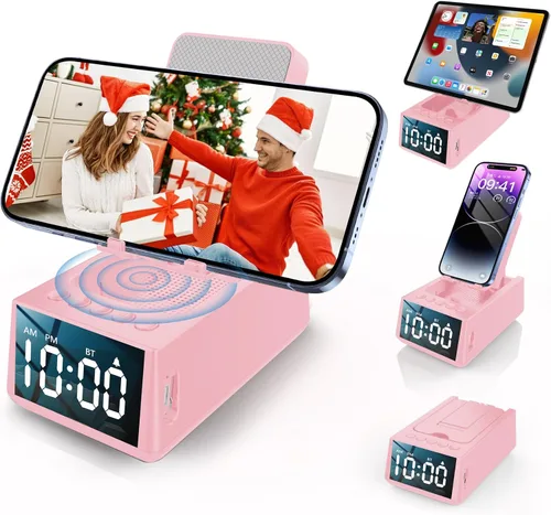 Miniatura 8 de Regalos de cumpleaños para mujeres, soporte de teléfono con altavoz Bluetooth con sonido y reloj HD, soporte inalámbrico ajustable para teléfono Rosa