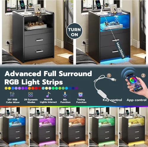 Miniatura 4 de VIAGDO Mesita de noche con estación de carga y luces LED, mesita de noche negra con parte superior de vidrio y cajones de almacenamiento, mesas