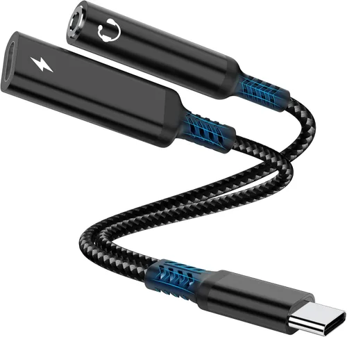 Marsno Adaptador USB C a auriculares y cargador de 0.138 in, USB tipo C 2 en 1 a conector de audio auxiliar, PD 60W Dongle de carga rápida para