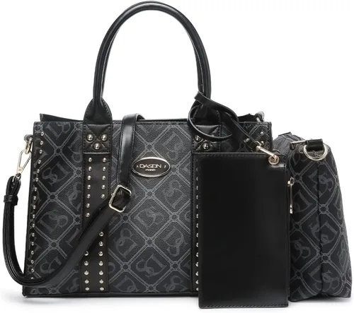 Miniatura 6 de Dasein - Bolsos y carteras de mano para mujer, set de bolso tipo bandolera con asa superior, 3 piezas Beige monograma