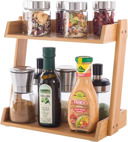 GOBAM Estante organizador de especias de 2 niveles para encimera de cocina, estante de almacenamiento, montaje rápido, bambú