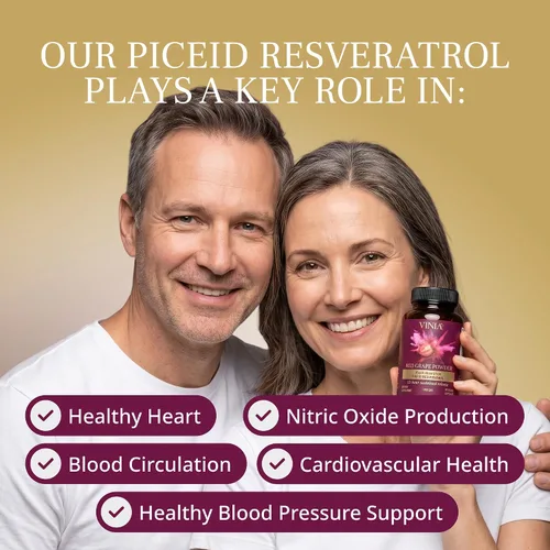 Miniatura 4 de VINIA Cápsulas de suplemento de resveratrol Piceid. Aumenta el flujo sanguíneo y el óxido nítrico. Presión arterial y apoyo a la salud cardíaca
