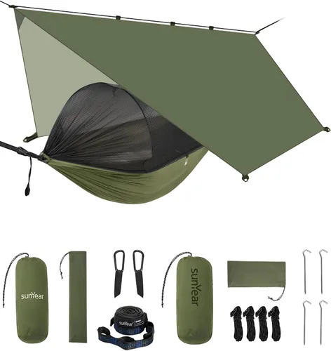 Miniatura 12 de Sunyear Hamaca de camping con red, hamaca doble y individual con red similar a la casa, fácil de instalar y empacar, ligera y portátil, perfecta