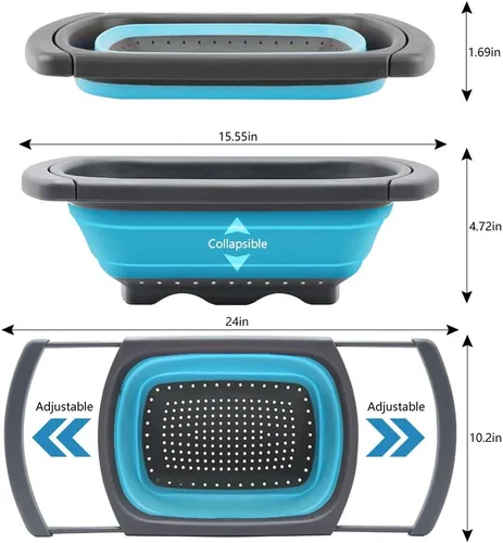 Miniatura 7 de Qimh Colador plegable, colador sobre el fregadero, coladores de alimentos con asas extensibles, 6 cuartos de galón, colador plegable de cocina apto