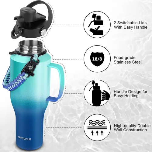 Miniatura 3 de ABOTOCUP Botella de agua de 40 onzas, botella de agua aislada con asa y tapas con popote, botella de agua de acero inoxidable que cabe en cualquier