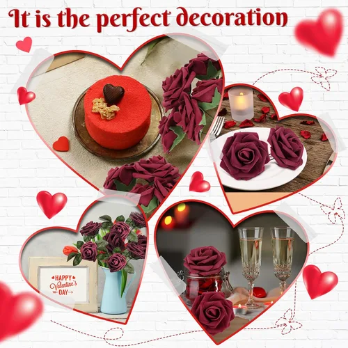 Miniatura 4 de 150 rosas artificiales a granel, rosas falsas con tallo largo, ramos de flores artificiales para bricolaje, centros de mesa, arreglos de mesa
