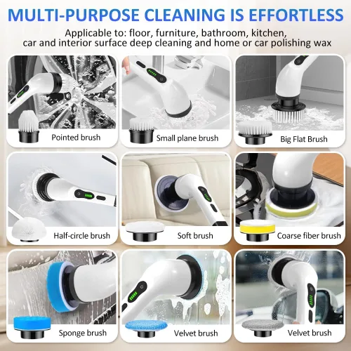 Miniatura 5 de Limpiador eléctrico giratorio de ducha, cepillo de limpieza con mango largo, cepillo de limpieza eléctrico con 9 cabezales reemplazables, para baño