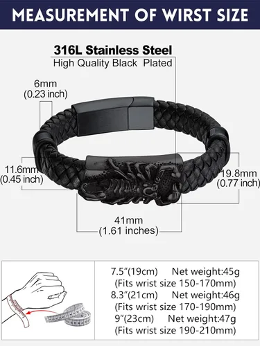 Miniatura 6 de Bandmax Pulsera trenzada de cuero negro para hombre con colgante gótico punk, pulsera de cuero con hebilla de acero inoxidable, paquete de regalo