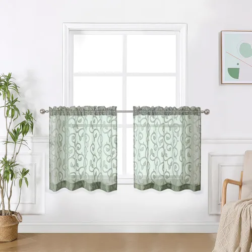 Miniatura 17 de OWENIE Furman - Juego de 2 paneles de cortinas traslúcidas negras de 24 pulgadas de largo, cortinas semitransparentes de jacquard ligeras y aireadas