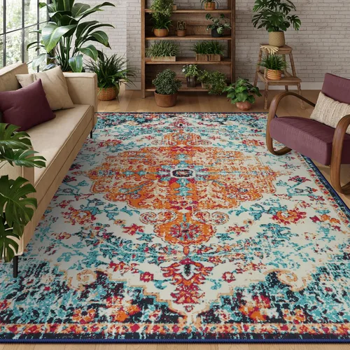 Miniatura 54 de Lahome Alfombra bohemia con medallón floral, 4 x 6 pies, color verde azulado, suave, lavable, antideslizante, apta para mascotas, alfombra