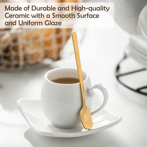 Miniatura 6 de LYEOBOH Juego de tazas de café expreso con platillos, tazas de café de porcelana y soporte de metal y cucharas, tazas pequeñas Demitasse