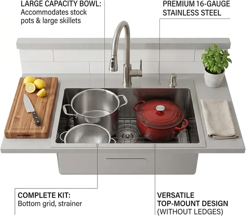 Miniatura 4 de VAPSINT Fregadero Fregadero Fregadero de cocina de 28 pulgadas con caída en la parte superior, 28 x 18 pulgadas, montaje superior, calibre 16
