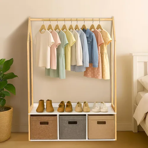 Miniatura 6 de Perchero de madera con almacenamiento, estantes de ropa independientes para colgar ropa perchero para dormitorio, entrada, sala de estar