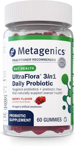 Metagenics UltraFlora - Gomitas probióticas y posbióticas diarias 3 en 1, estables en almacenamiento para adultos y niños, apoya la salud