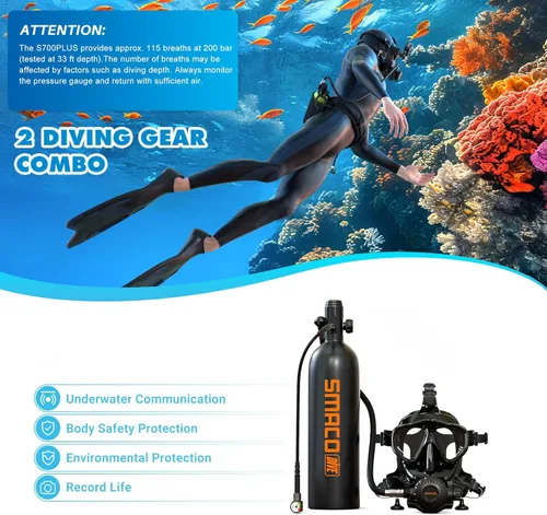 Miniatura 2 de SMACO Mini tanque de buceo con máscara de buceo de cara completa, S700 1.9L Mini tanque de buceo portátil botella de poni reutilizable hasta 30