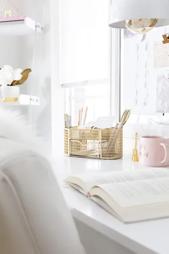 Miniatura 4 de BLU MONACO Organizador de escritorio Aqua Soporte de metal para papelería con cajón y ocho compartimentos Almacenamiento de escritorio