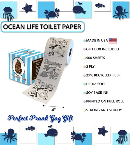 Miniatura 3 de Printed TP Beware of Shark Poop - Papel higiénico impreso para broma, sorpresa, decoración de baño, regalo novedoso para hombres, mujeres, amigos